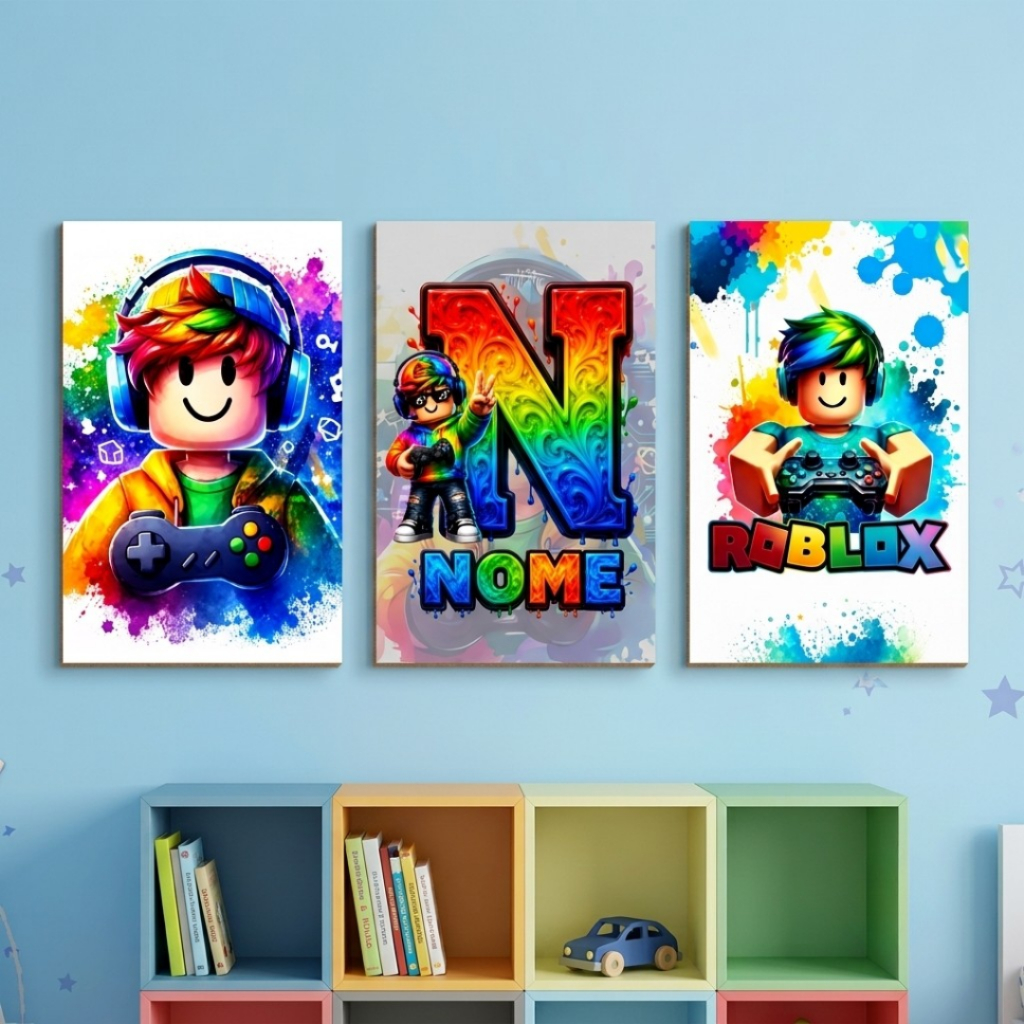 Kit 3 Quadros Decorativos Roblox Personalizado com Nome Quarto Infantil Gamer