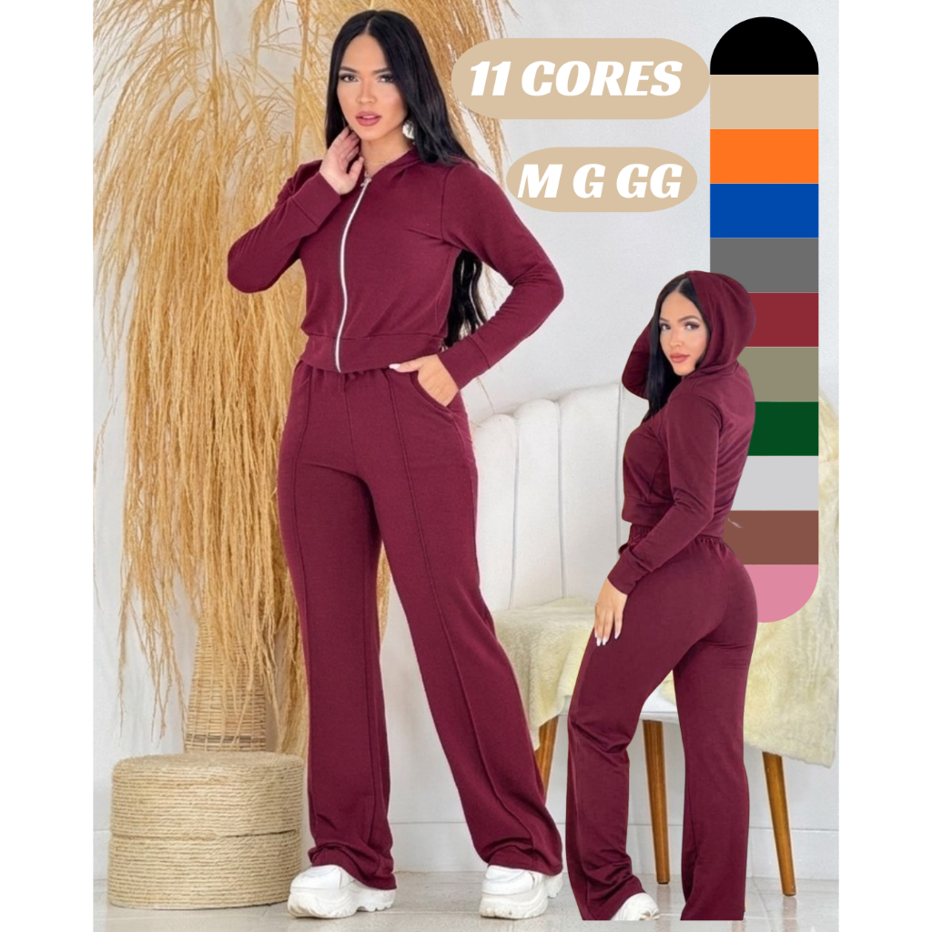 CONJUNTO MOLETINHO FEMININO COM BLUSA COM ZÍPER E CAPUZ E CALÇA PANTALONA COM BOLSOS PARA OUTONO E INVERNO