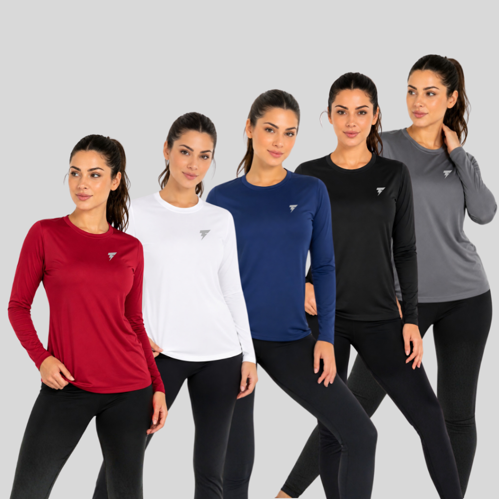 Kit 5 Blusa Térmica Feminina Manga Longa Proteção UV 50+ Malha Fria Fitness Academia Corrida