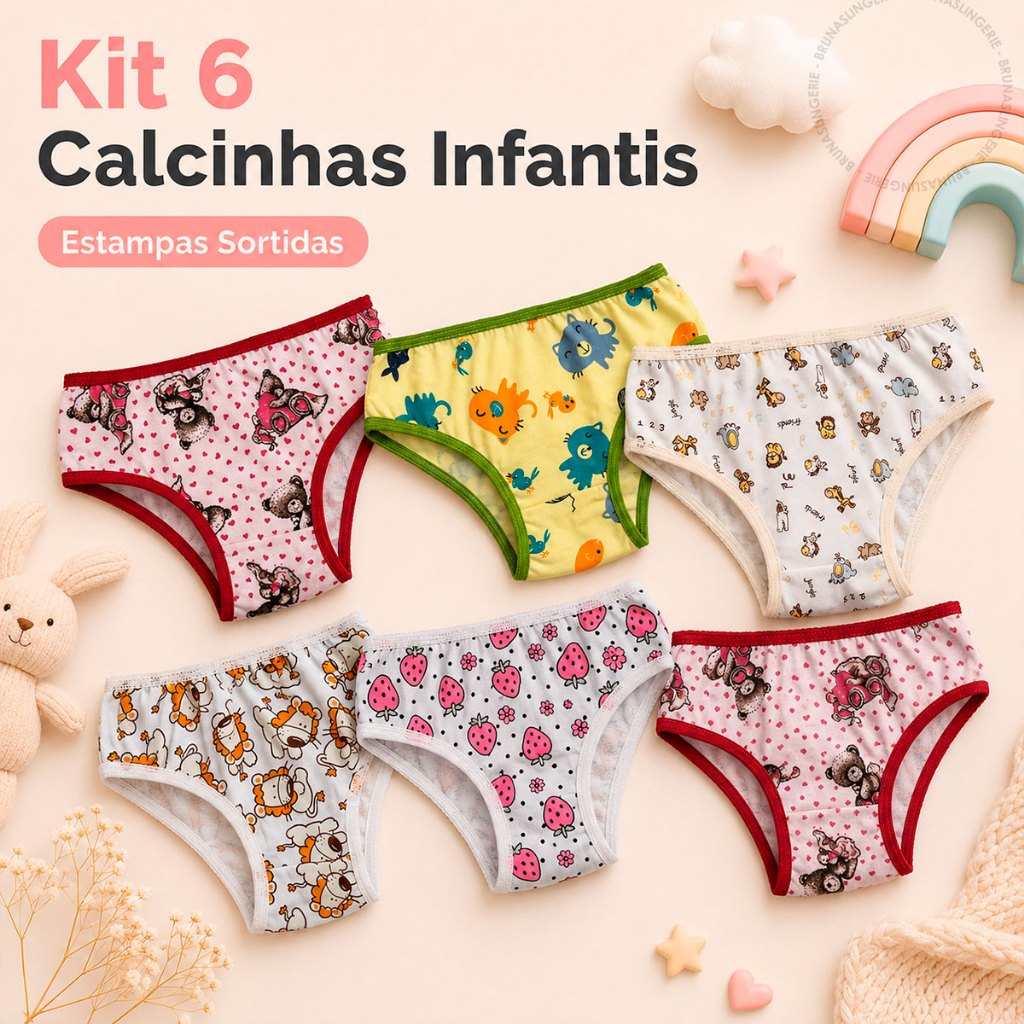 Kit 6 Calcinhas Infantil R25 Juvenil 100% Algodão Premium Estampas Variadas Roupa Íntima Meninas Confortável