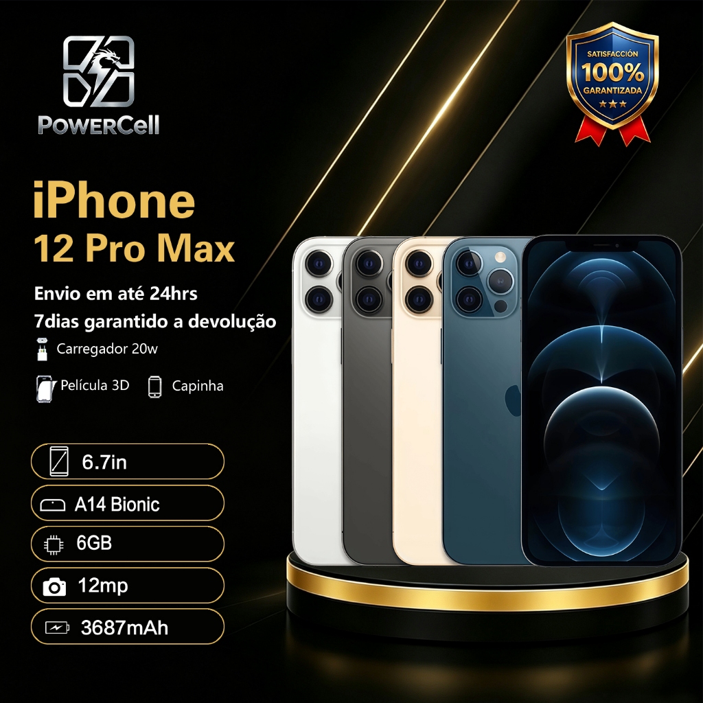 Celular iPhone 12 Pro Max 128GB 256GB Original Vitrine Seminovo NF Câmera ultra-angular Face ID Celular desbloqueado