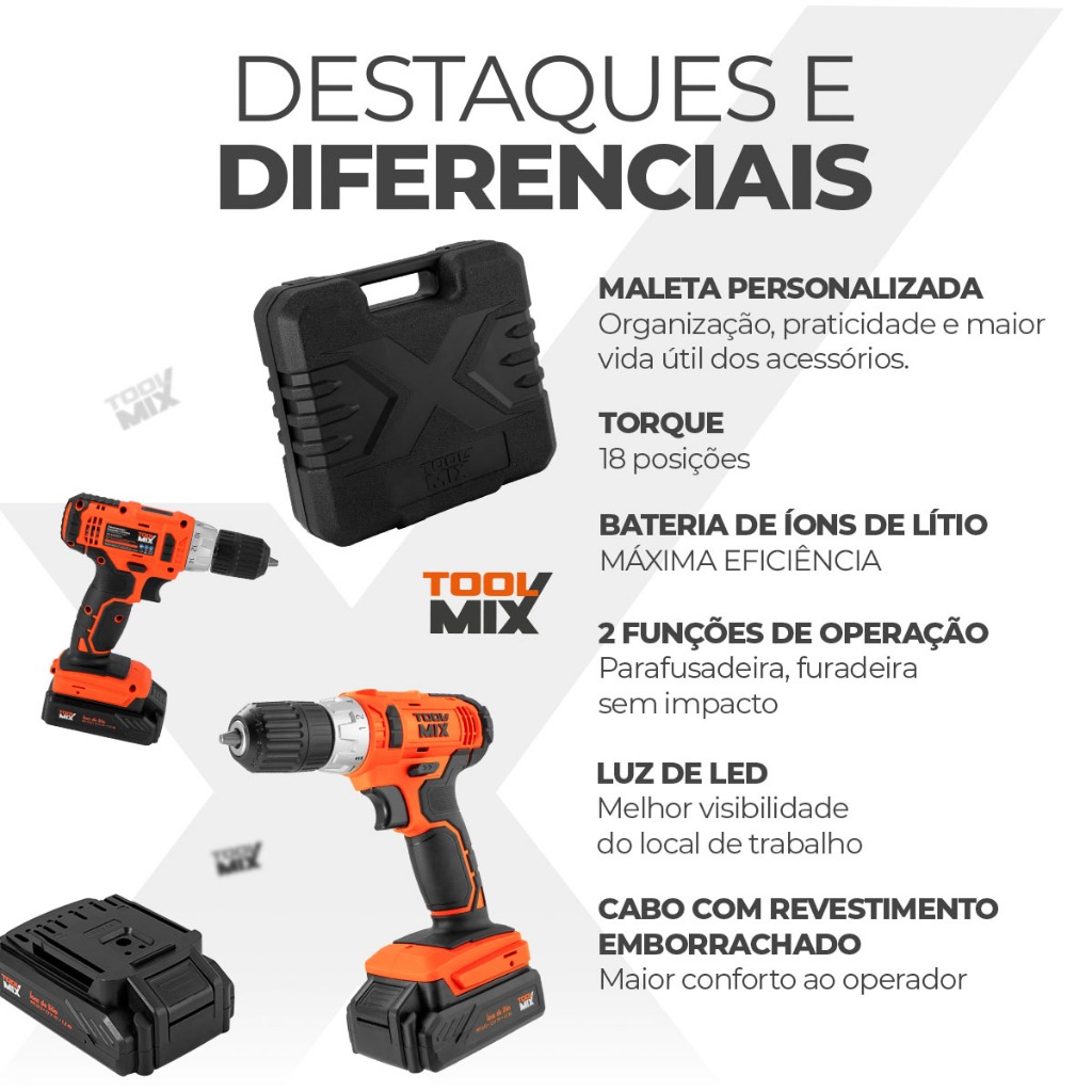 Parafusadeira Furadeira 12V Toolmix PFT012 20Nm Bateria de Lítio Maleta Mandril 