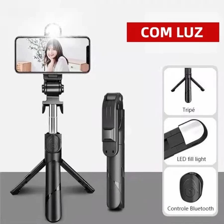 Bastão Pau de selfie Tripé Retrátil Com Luz LED Controle Bluetooth Celular RBG