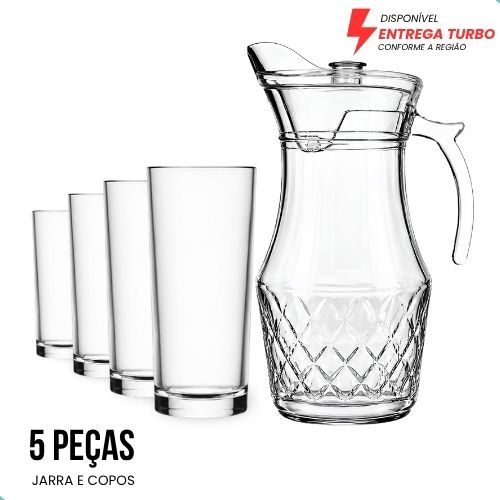 Jogo De Jarra E Copos 5 Peças Em Vidro Transparente Para Água Suco Drinks Mesa Posta