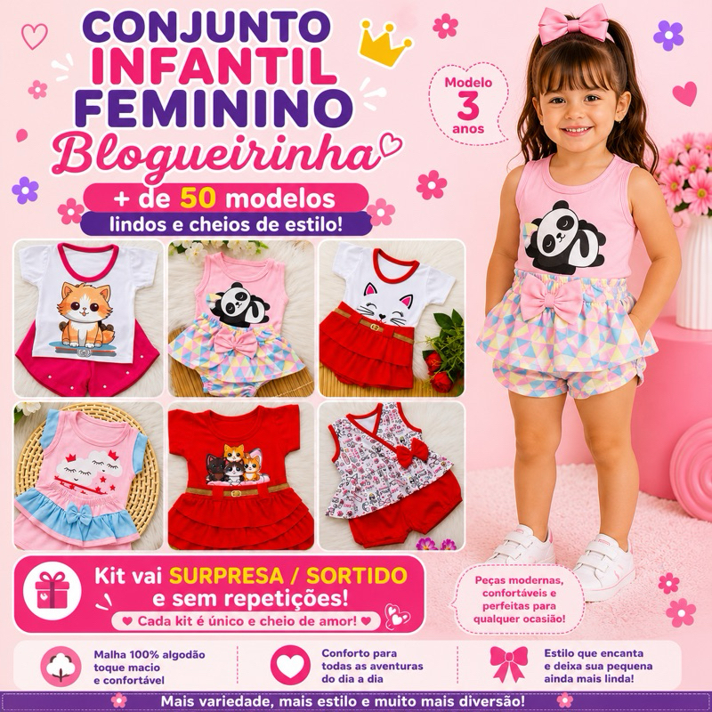 kit sortido 6 peças de roupa infantil feminina blogueirinha  - kit com 3 conjuntos roupa para bebê menina