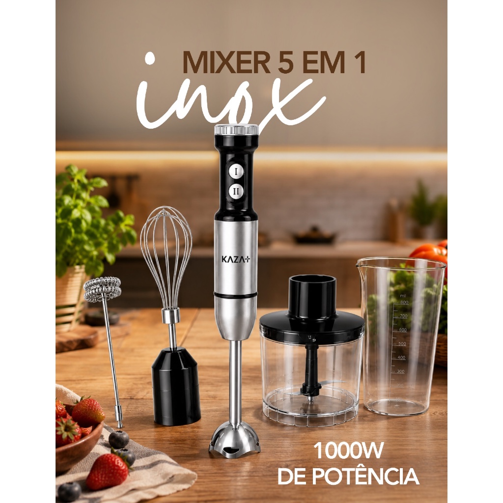 Mixer 5 em 1 Inox Multifuncional Triturador de Alimentos Batedor Processador Copo 1000W