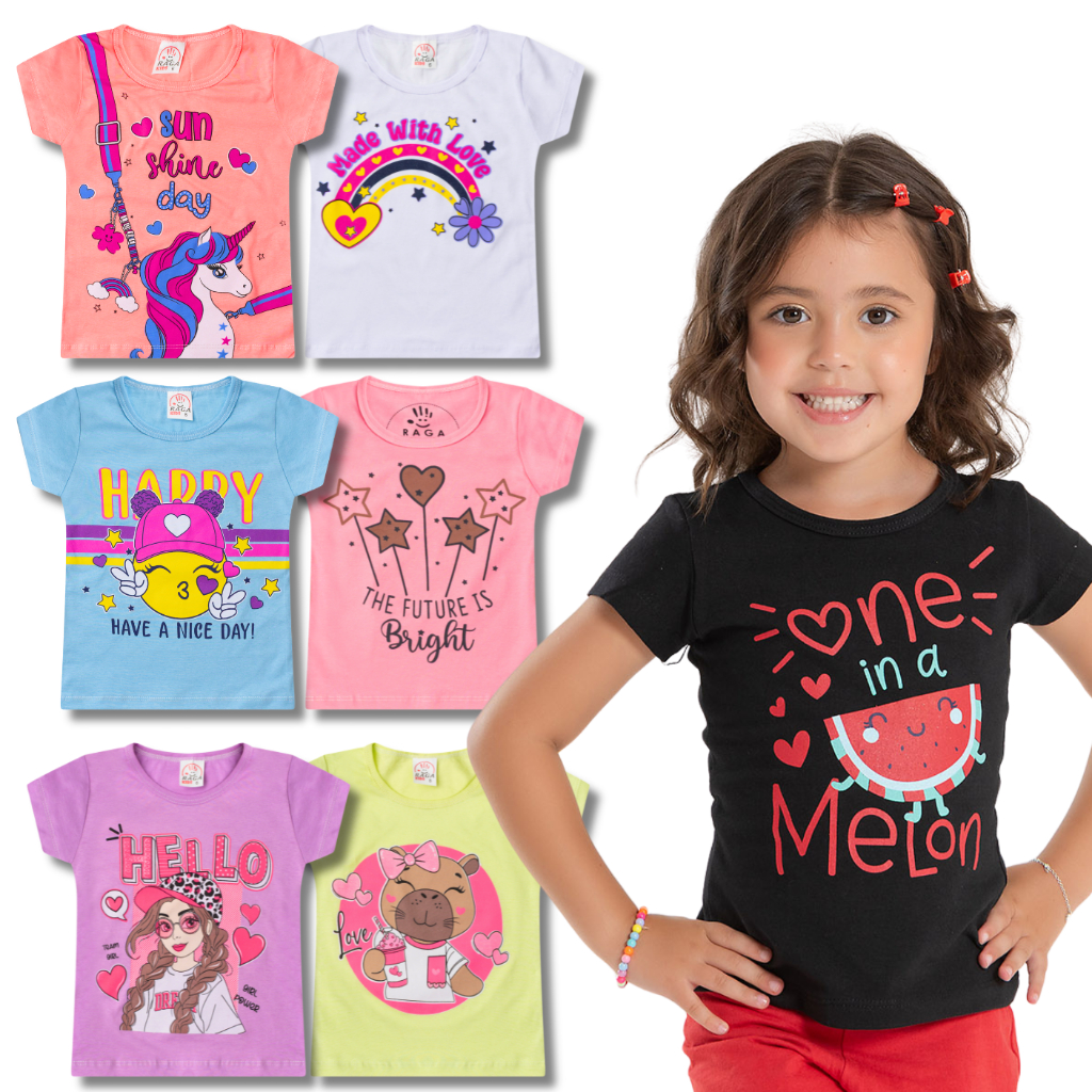 KIT 5 Camisetas Manga Curta Estampada Sortido Feminina/Menina Infantil e Juvenil do 1 ao 14