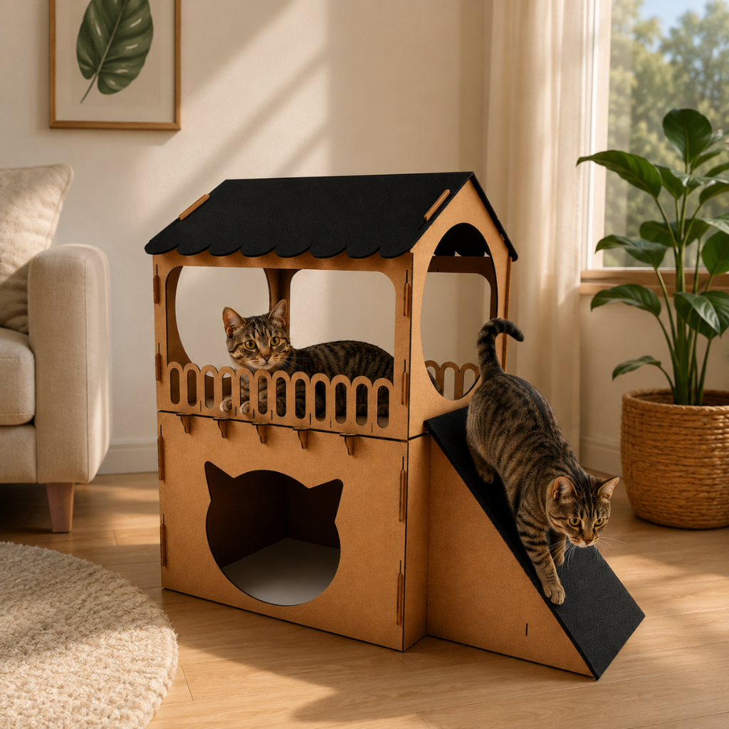 Casa Pet para Gatos 2 Andares com Sacada e Rampa Arranhador Carpete Antiestress Brinquedo Mdf