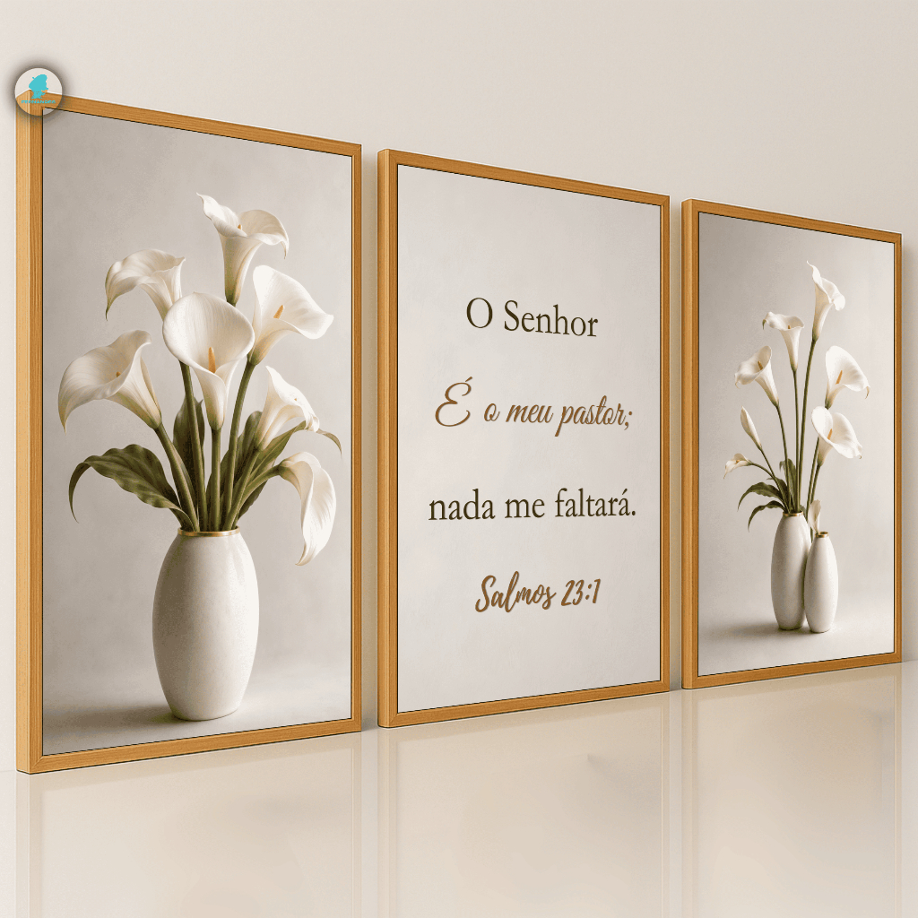 Quadros Decorativos Trio Vasos de Copo de Leite Salmos 23 Bíblico 3D Sala Quarto