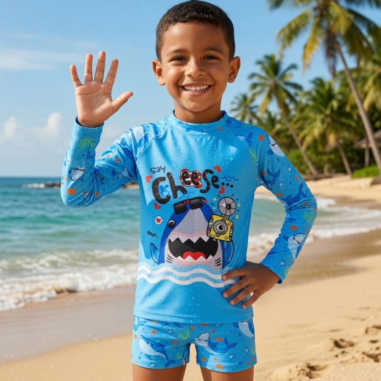 Conjunto Infantil Proteção Uv50 Menino Camisa Longa Sunga Praia Piscina Natação