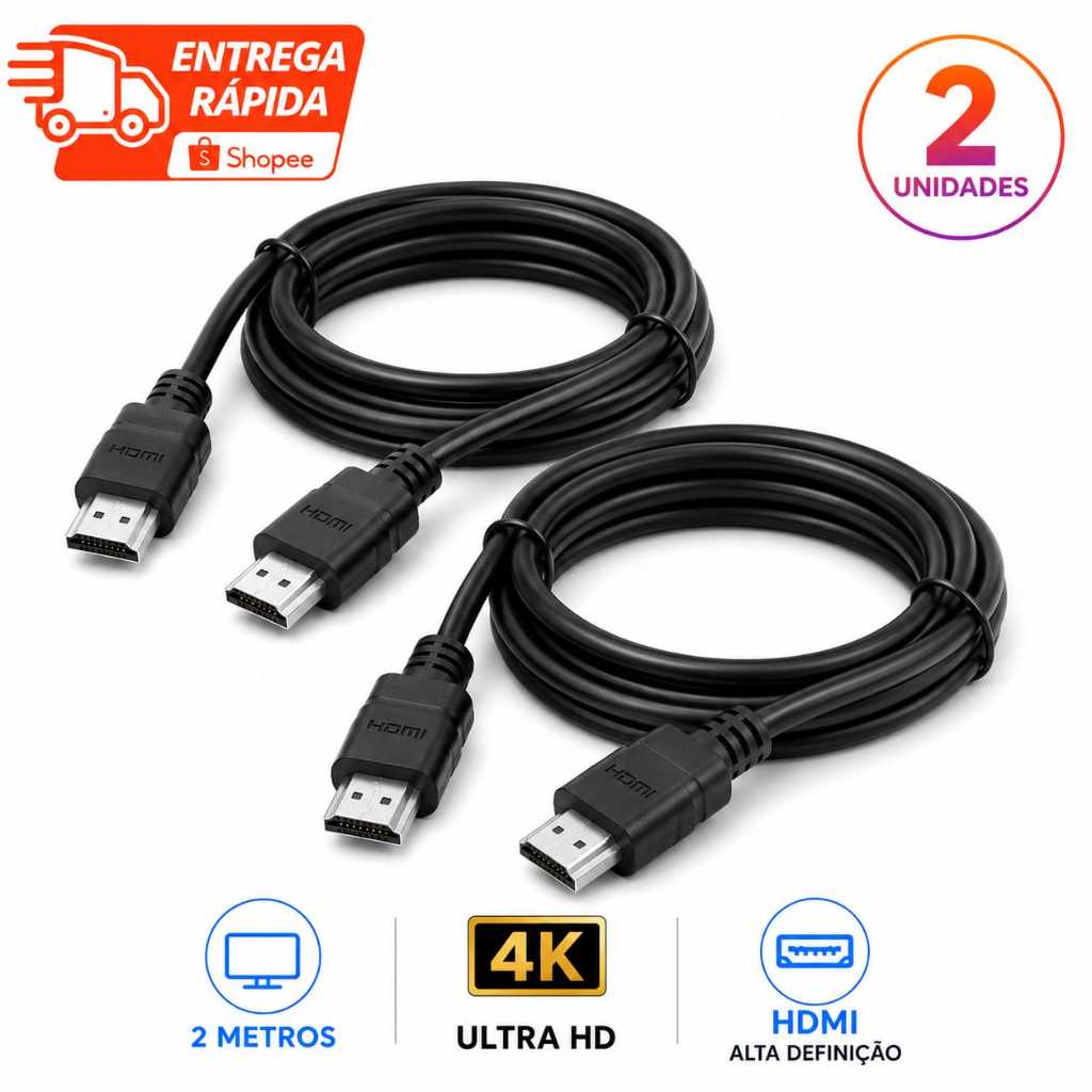 Kit 2 Cabos HDMI 2 Metros para TV Projetor 4K HDR Barato Original