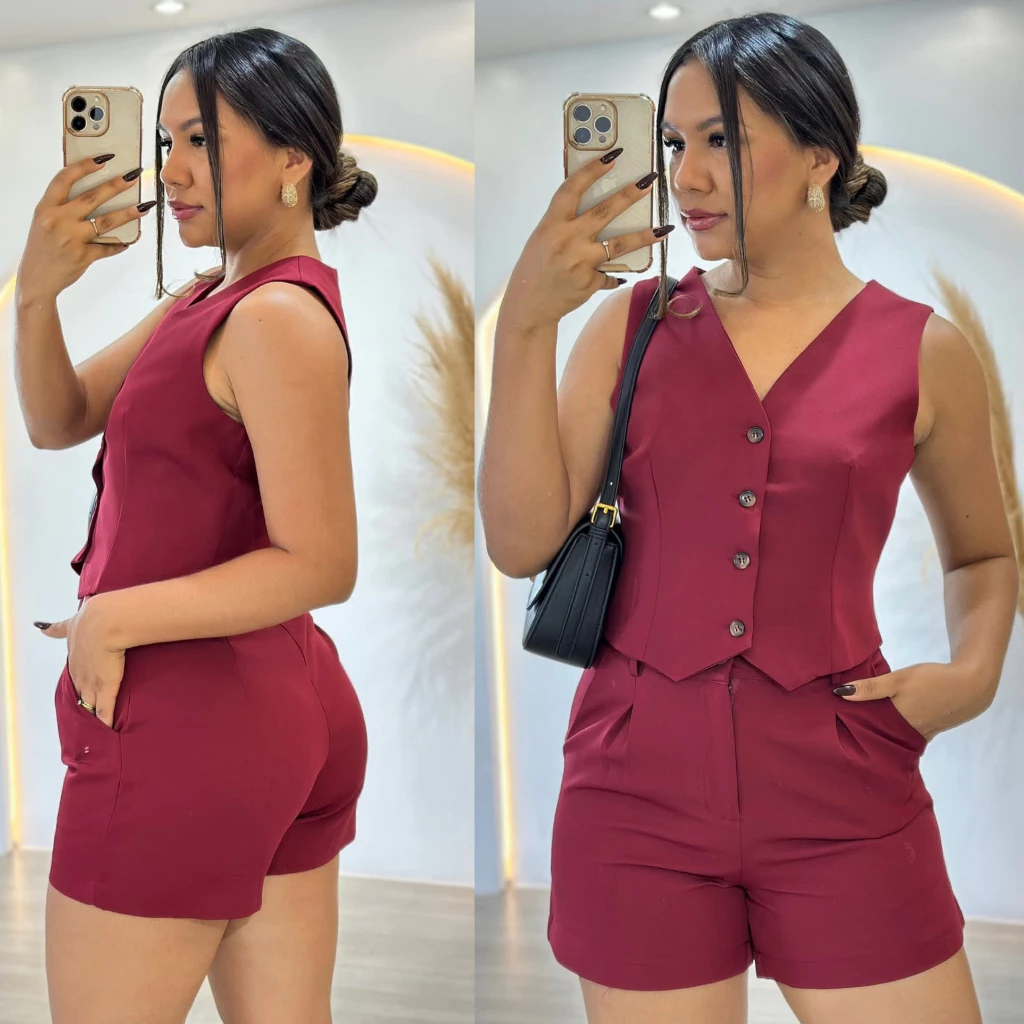CONJUNTO FEMININO  SOCIAL EN TECIDO ALFAIATARIA COLETE E SHORT  MODA CASUAL e ELEGANTE — imagem 1