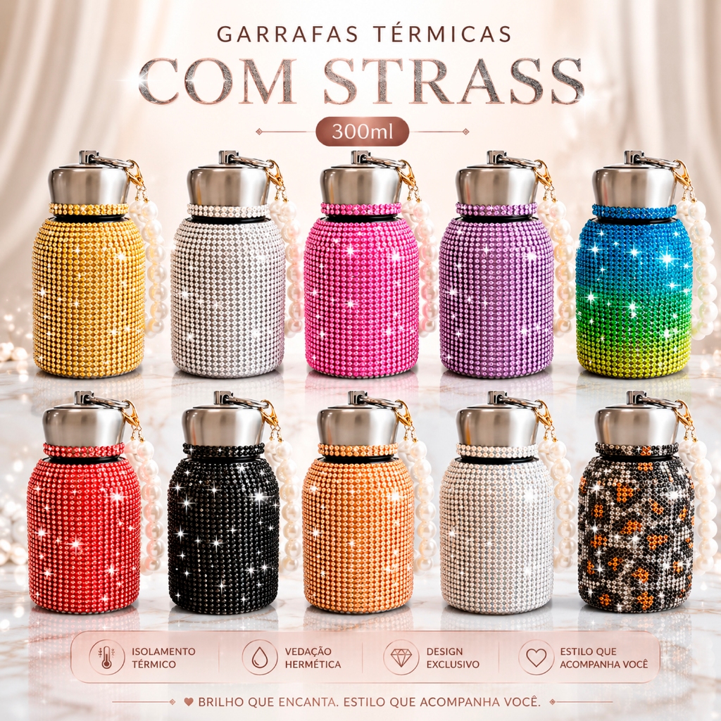 Garrafa Térmica de Inox Com Tampa Pincel Brilho Cravejado Rhinestone Copo Térmico Portátil