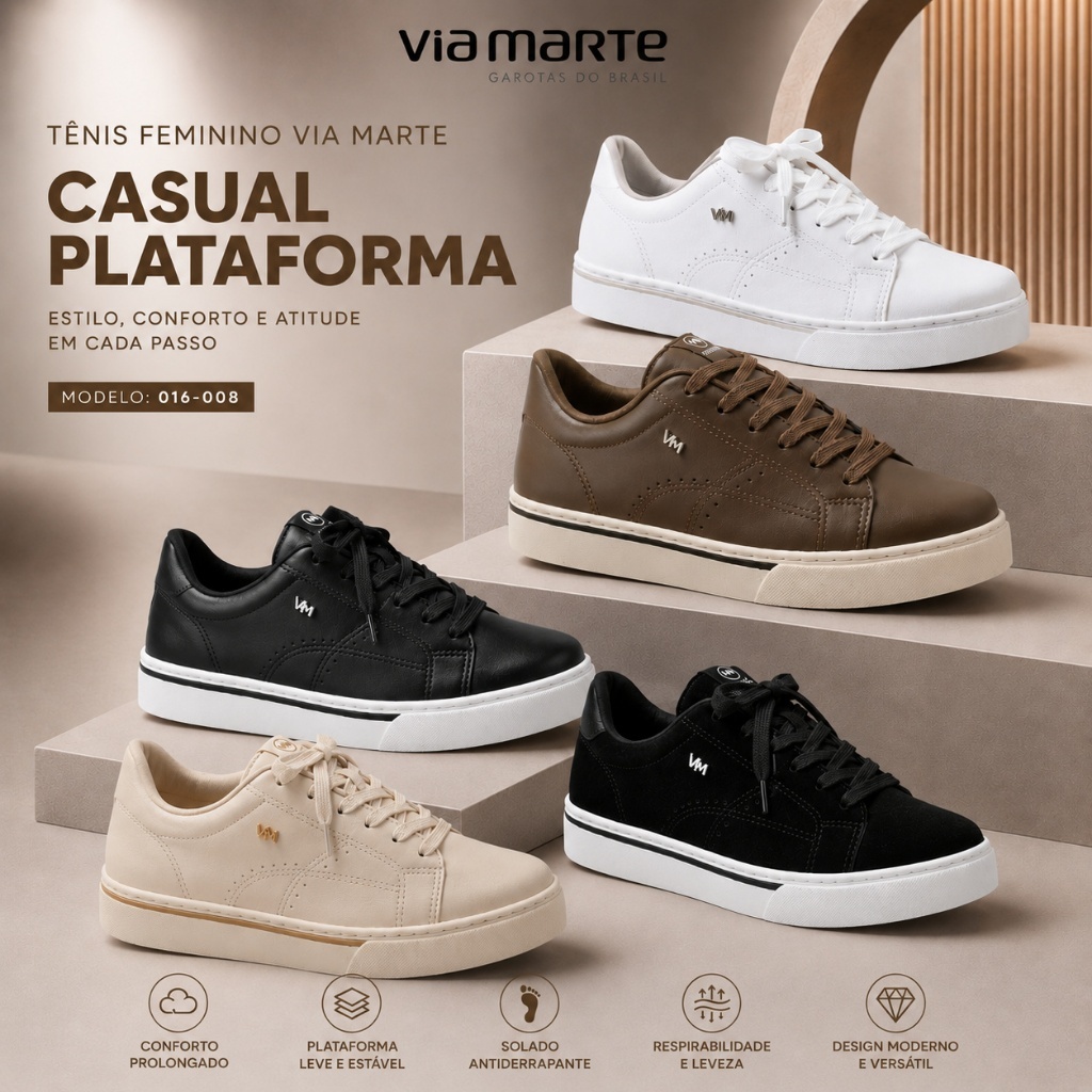 Tênis Feminino Casual Plataforma Casual Confortável Original Via Marte
