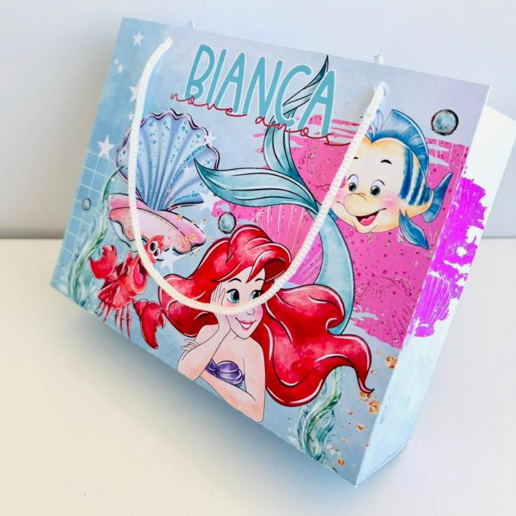 Kit Sacolinha Personalizada Princesa Ariel Pequena Sereia Lembrancinha Festa Infantil Aniversário 20x15x6cm