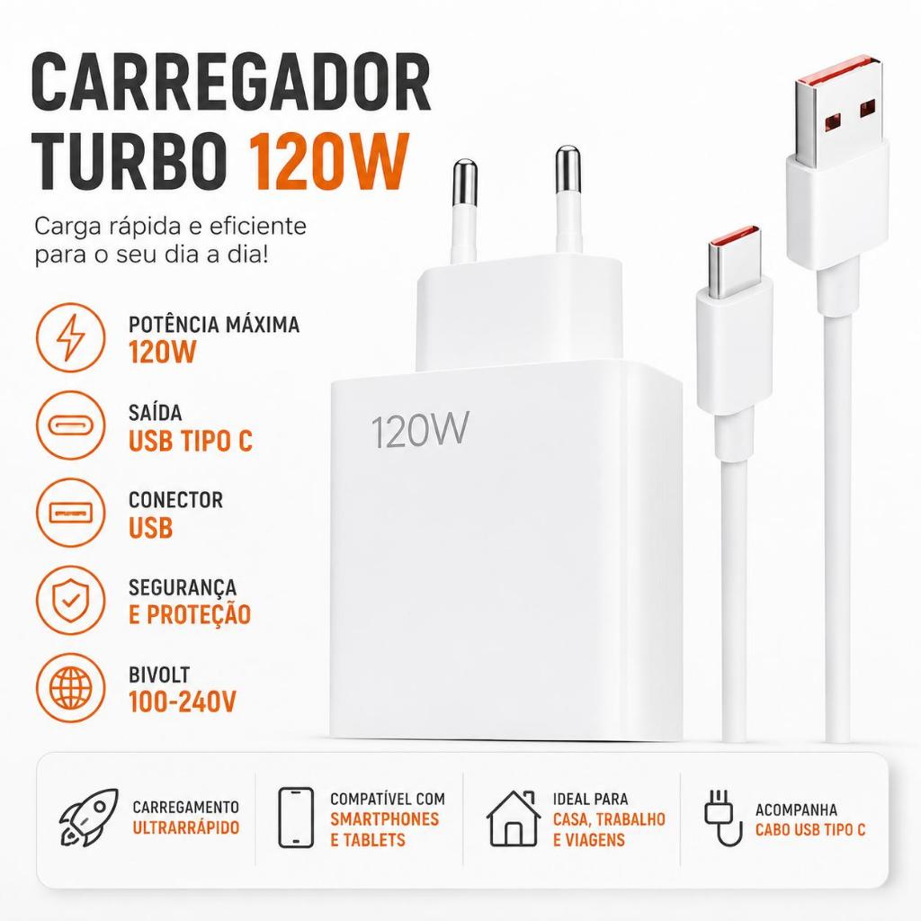 Carregador Turbo 120W USB Tipo C Carga Rápida para Celular Smartphone Potente Bivolt Alta Velocidade top