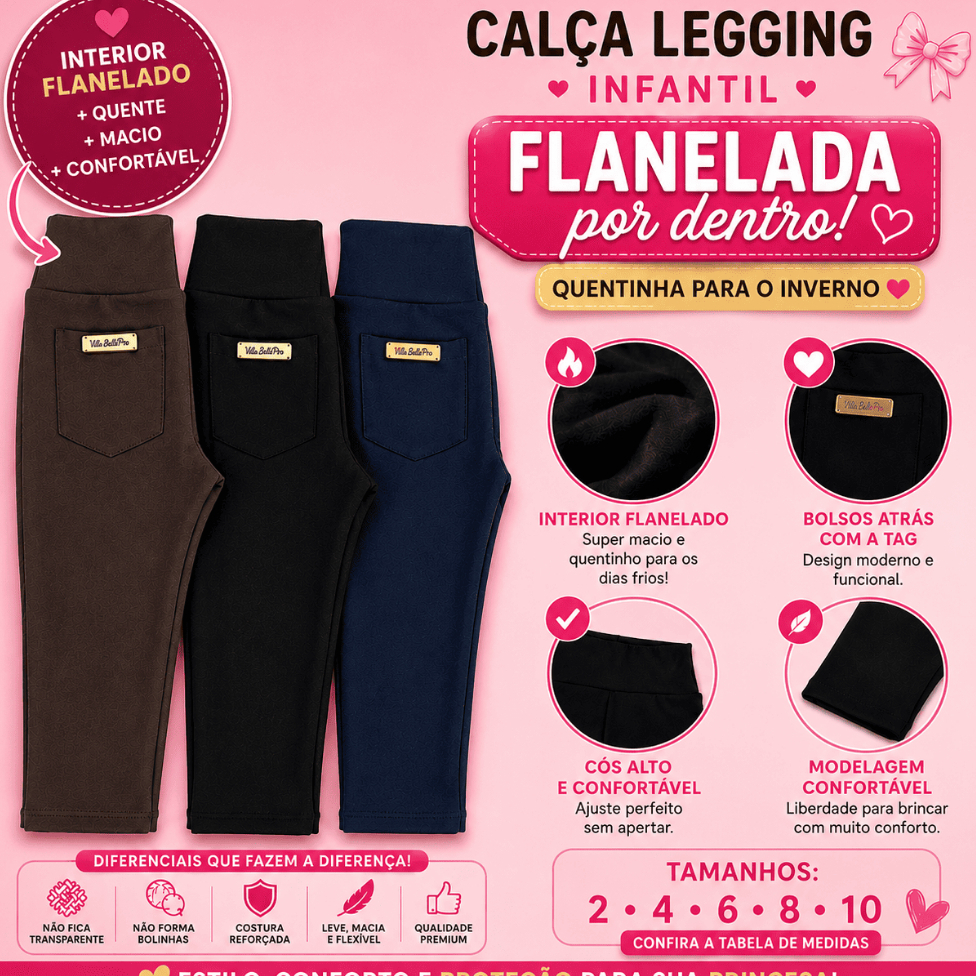 Legging Infantil Inverno Suplex Flanelado com Bolsos Traseiros e Frente Lisa