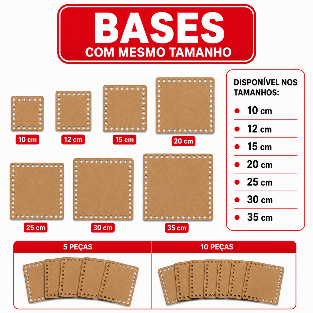 Bases Quadradas em MDF 3mm Cantos Quadrados Kit com 5 Unidades para Cestos Crochê e Artesanato