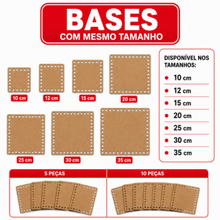 Bases Quadradas em MDF 3mm Cantos Quadrados Kit com 5 Unidades para Cestos Crochê e Artesanato