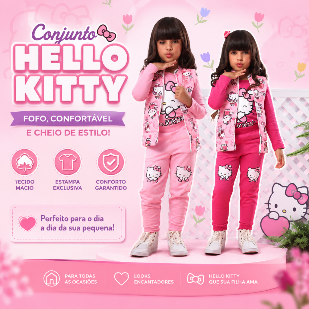 Conjunto Inverno Hello Kitty Blusa Manga Longa Colete Calça Moletom 2 á 8 Anos