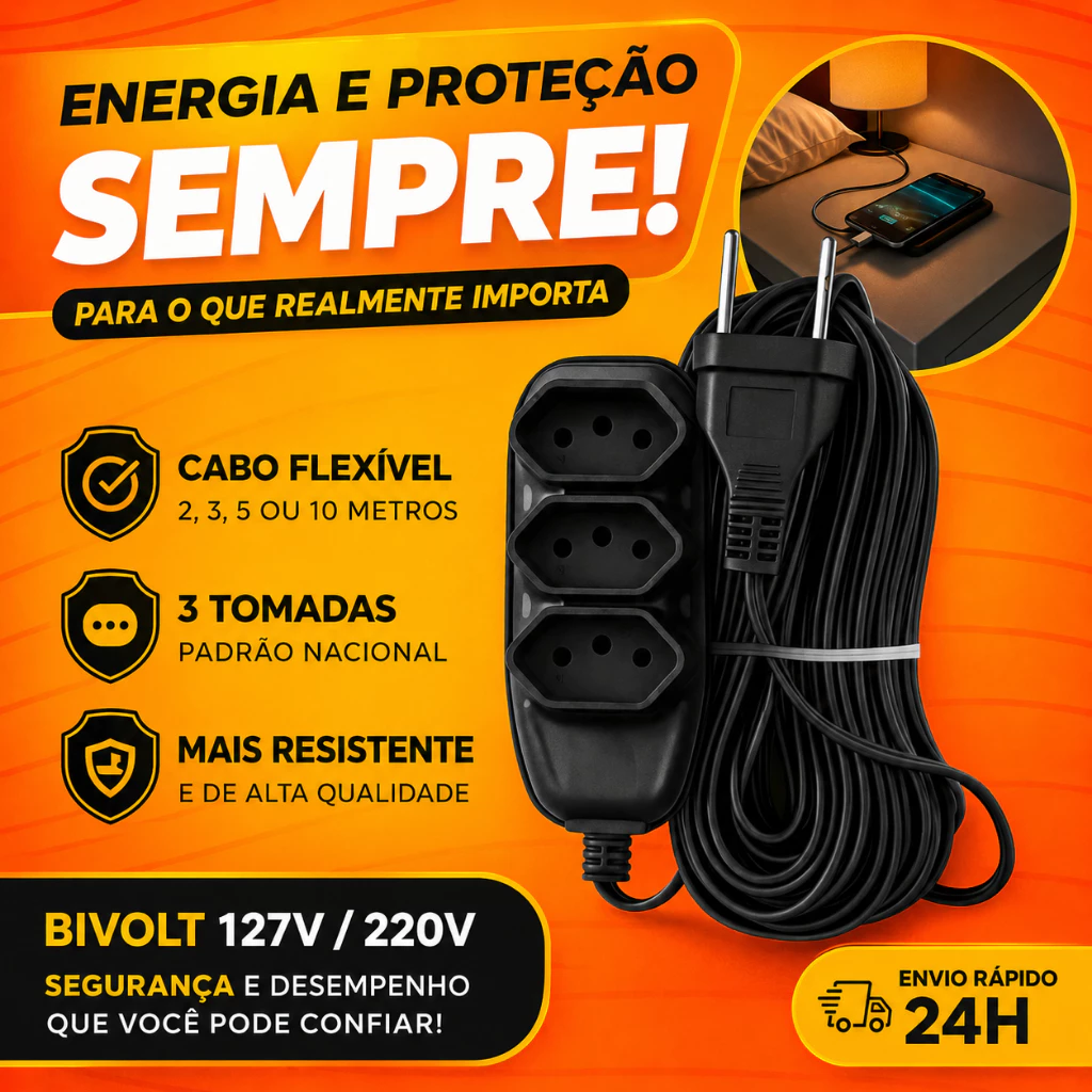 Extensão Elétrica Reforçada 3 Tomadas 10A Bivolt Cabo Flexível  110V/220V Preta 2m 3m 5m 10m — imagem 1