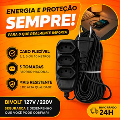 Extensão Elétrica Reforçada 3 Tomadas 10A Bivolt Cabo Flexível 110V/220V Preta 2m 3m 5m 10m