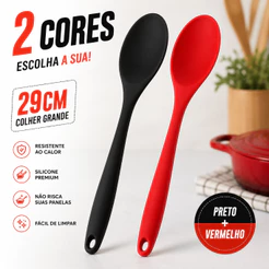 Colher de Silicone Grande 29 Cm Utensílio Cozinha Antiriscos Vermelho Preto Macia Antiaderente