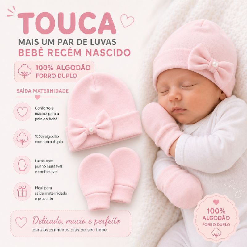 Kit RN Premium 1 Touca + 1 Par de Luvas 100% Algodão Forro Duplo Saída Maternidade Recém-Nascido