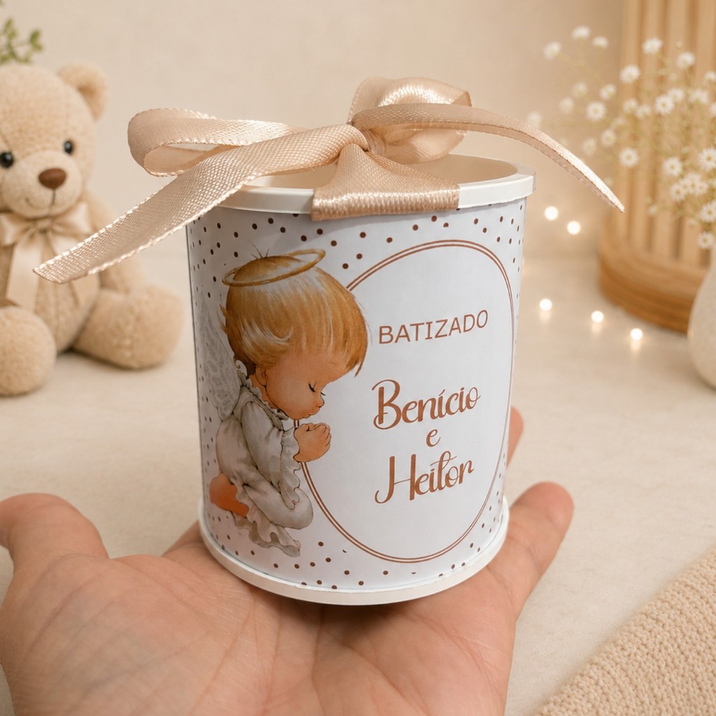 Kit Tubolata Personalizada 6x7cm com Laço | Batizado Anjinho Aquarela | Lembrancinha Infantil e Maternidade Nome