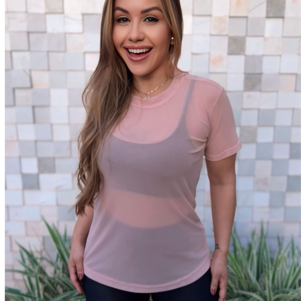 Blusa fitness feminina de tule transparente ,camisão fitness para treino na academia.