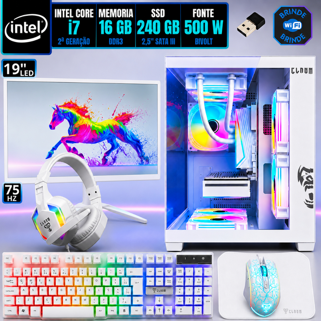 PC Gamer Computador Completo Kit Intel i7 16GB SSD 240GB Monitor 19 Gabinete e C