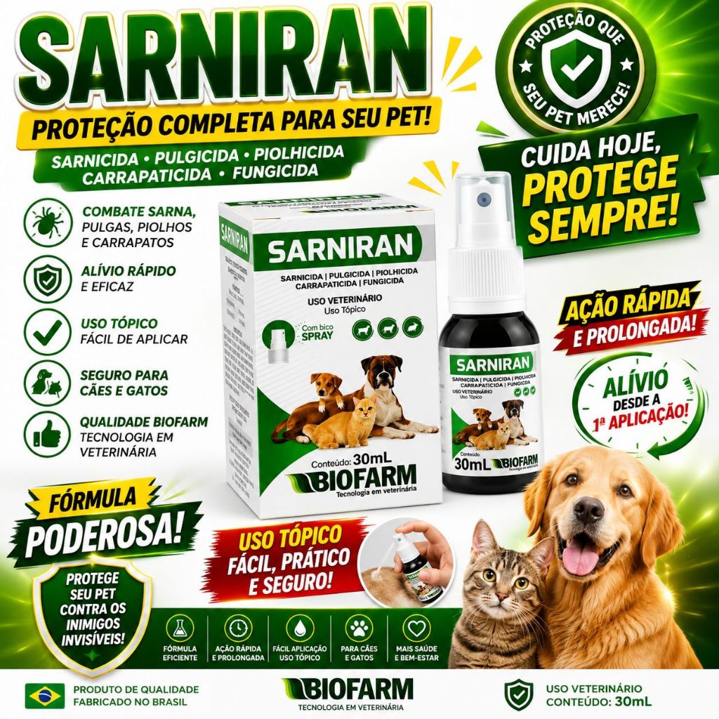 Sarniran Antiparasitário e Antifúngico em Spray p/Cães Gatos - 30ml - Biofarm