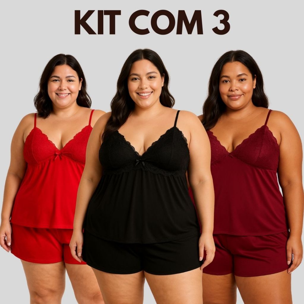 Kit 3 Baby Doll Plus Size Feminino XGG Blusa Liso Short Doll Microfibra Confortável Pijamas Moda