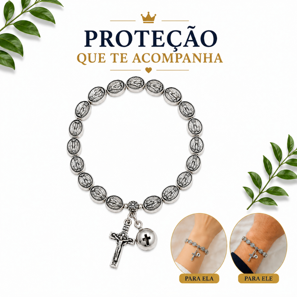 Pulseira Nossa Senhora das Graças Medalhas Prateada com Crucifixo Católica Presente Religioso