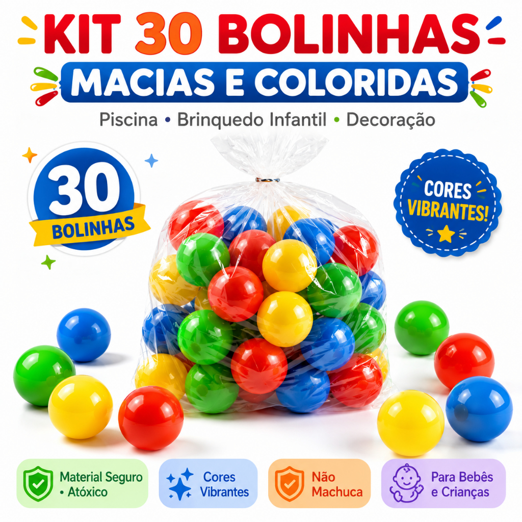30 Bolinhas de Piscina Coloridas Infantil Coloridas 71mm Macias Brinquedo Criança