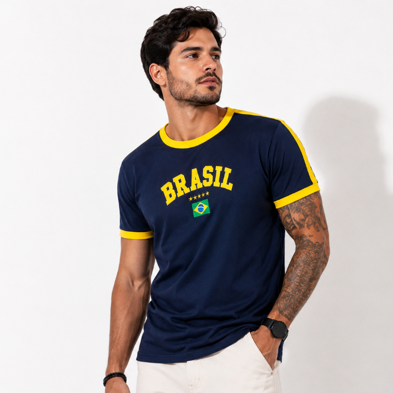 Blusa azul escura bandeira do brasil bordada unissex