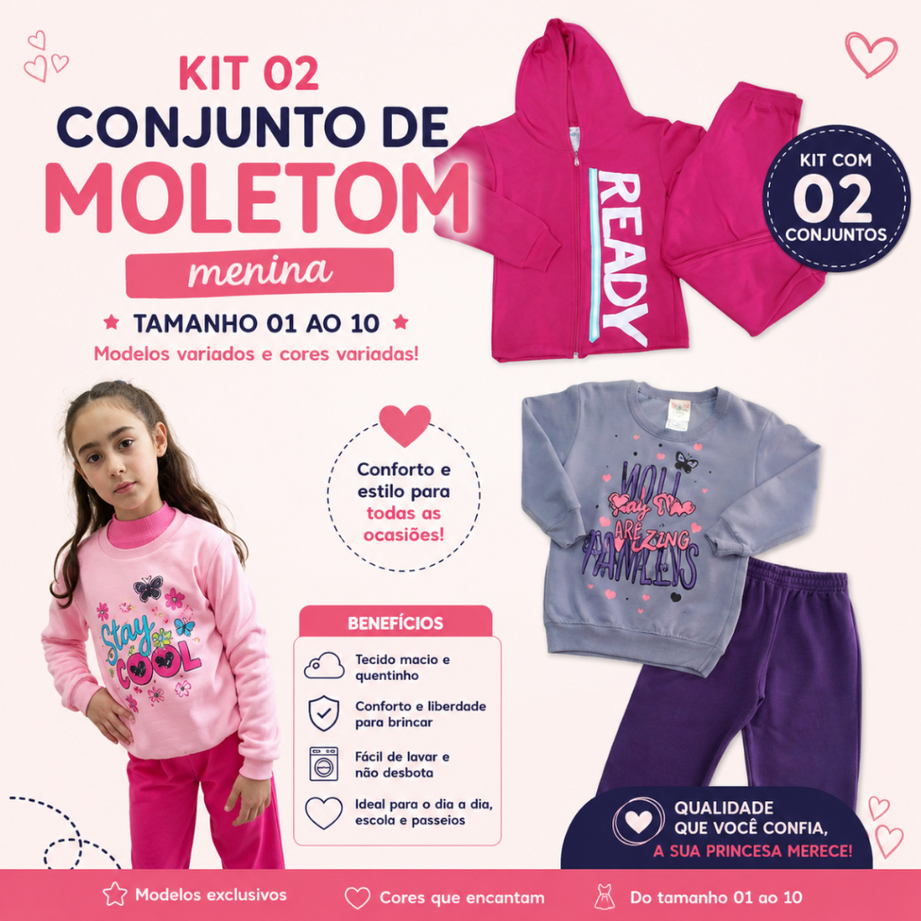 Kit 02 Conjuntos Moletom Infantil Feminino Menina Inverno Tamanhos 01 ao 12