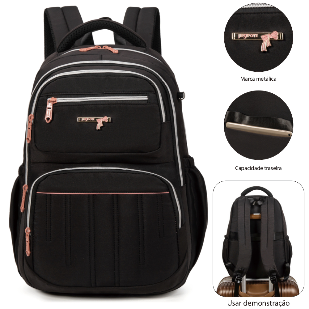 Mochila Multiuso Feminina com Laço Metálico, Múltiplos Compartimentos para Faculdade, Trabalho e Viagens