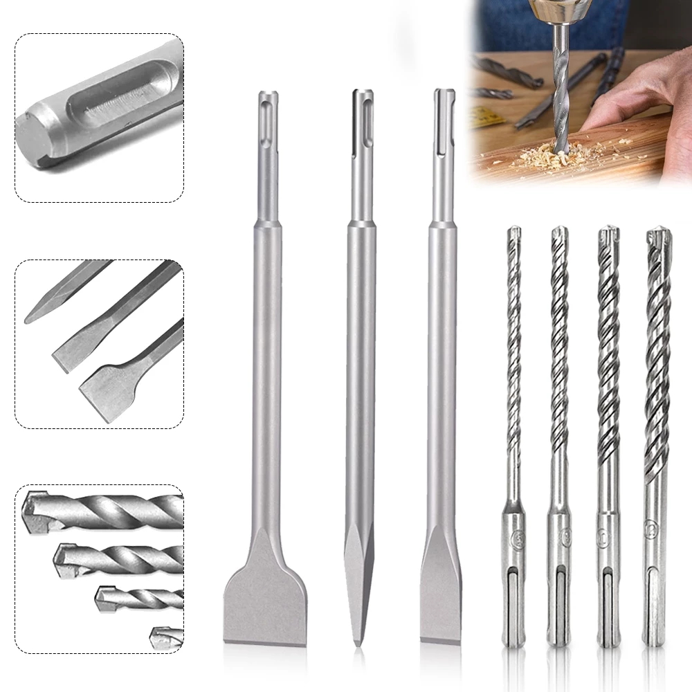 Kit 7 Peças SDS Plus para Martelete Profissional Ponteiro,Talhadeira e Brocas para Demolição e Furação