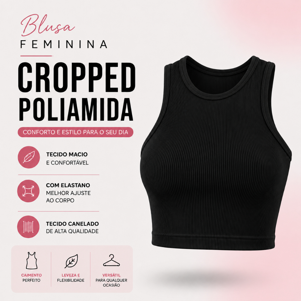 Cropped Poliamida Feminina Regatinha Canelada Básica Elegante Estilosa Moderna Dia a Dia