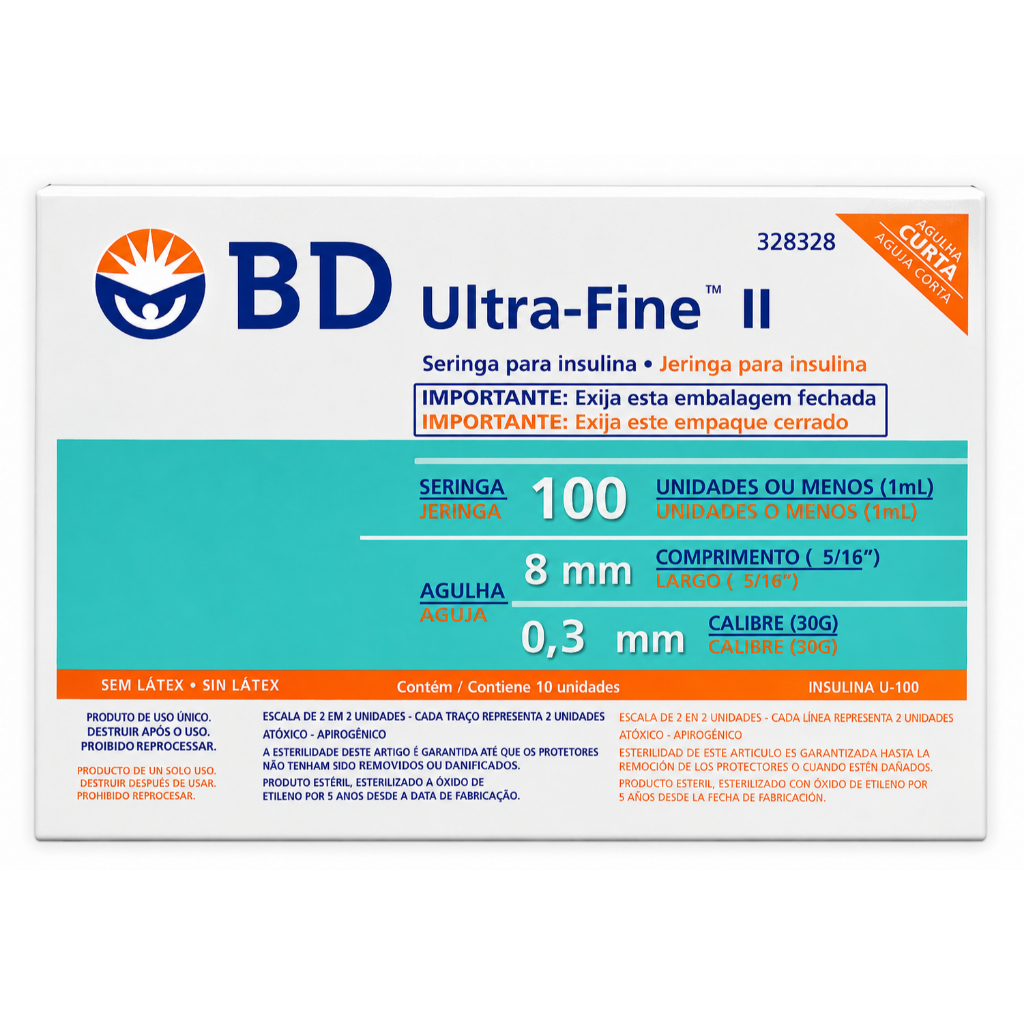 Seringa Insulina BD Ultra-Fine 100UI - Agulha Fixa 8mm x 0,3mm C/10 unidades - Botox / Aplicação.