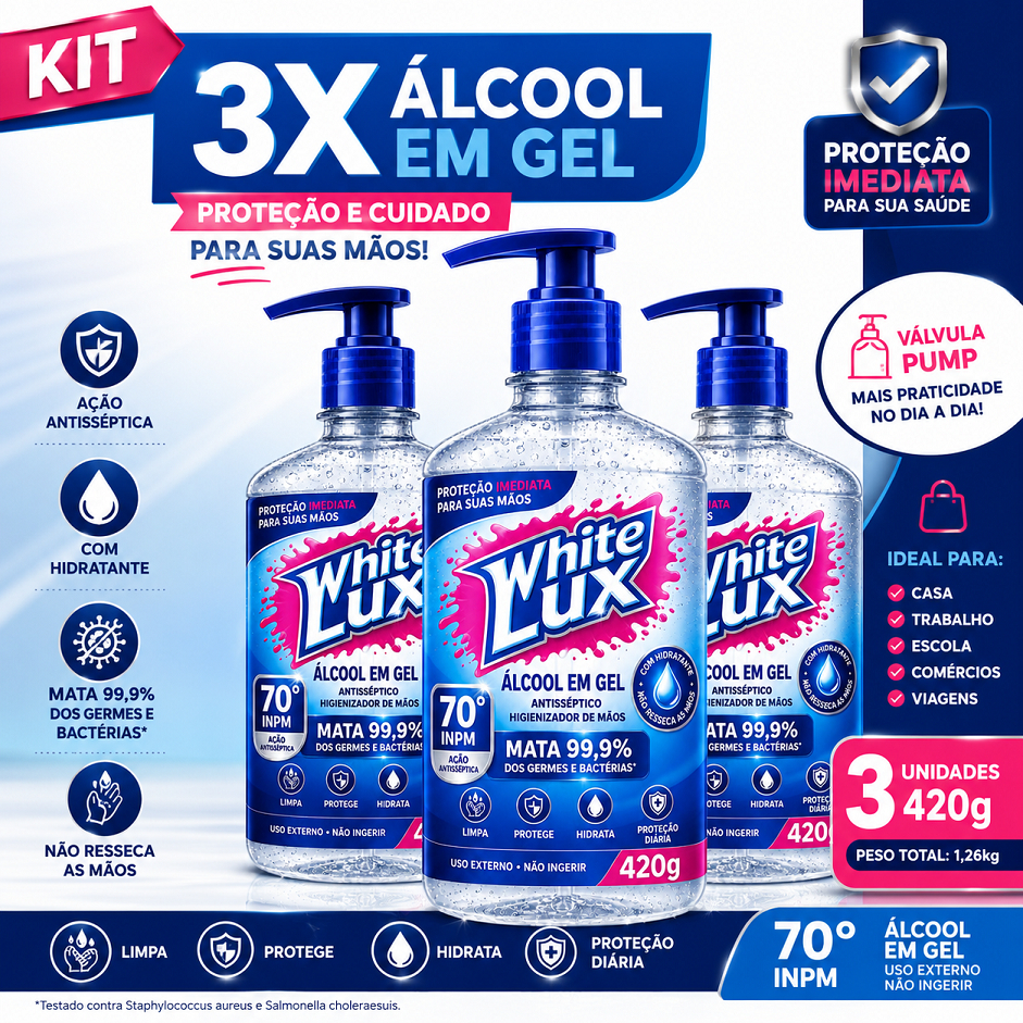 Kit 3 Álcool Gel Antisséptico 70 INPM com Aloe Vera Secagem Rápida 420g