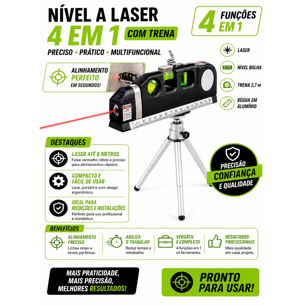 Nível Laser 4 em 1 Profissional Trena Com Tripé Horizontal Vertical Nivelador a Laser
