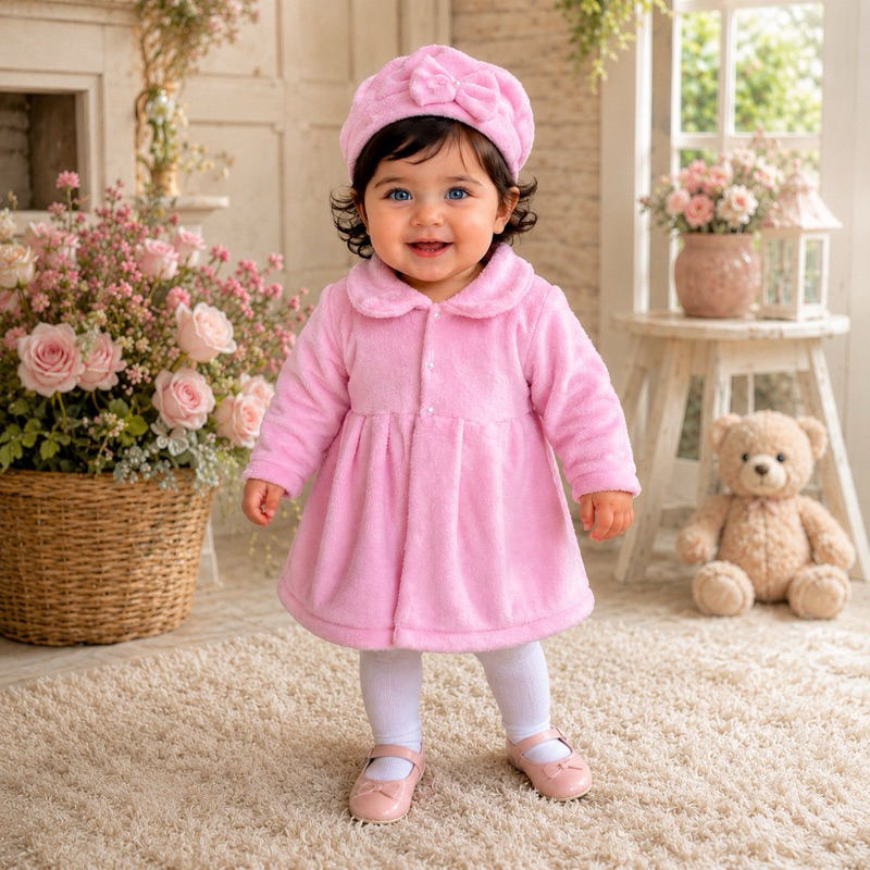 Casaco infantil menina  Conjunto Luxo de Inverno: Casaco Sobretudo + Boina com Laço