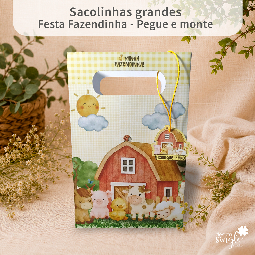 Sacolinha Personalizada Fazendinha | Festa Infantil | G | Pegue e Monte | 10, 20 ou 30 Un.  | Lembrancinha Personalizada