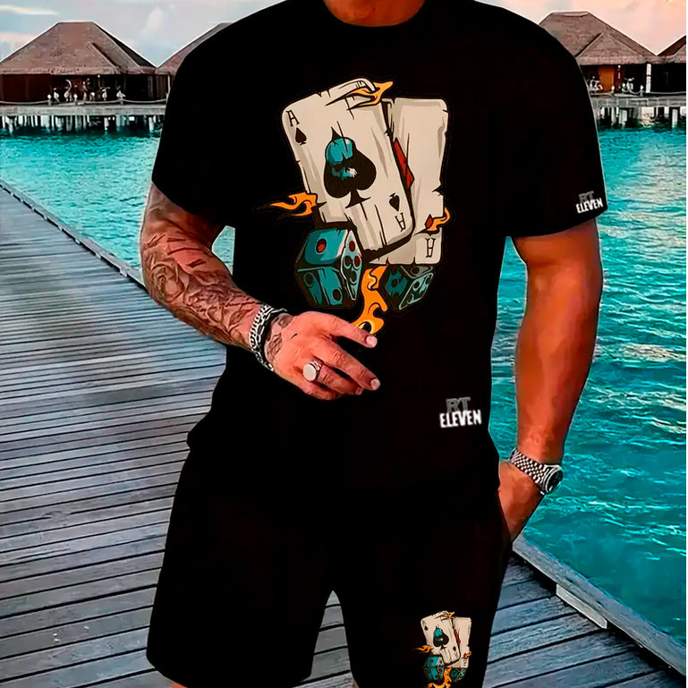 Kit Camiseta Masculina 100% Algodão + Bermuda Tactel Lançamento Estampada Cartas  Confortavel Diversas cores Unissex