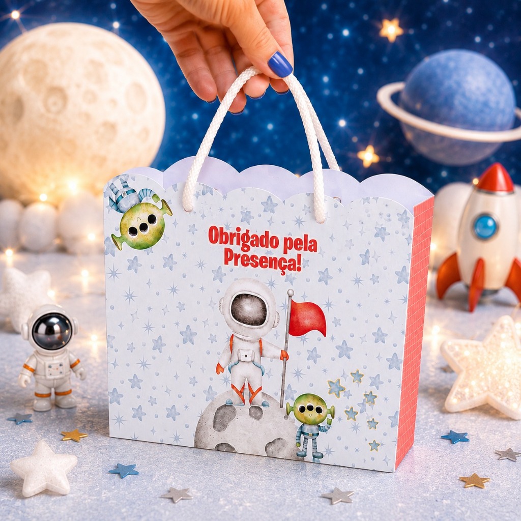 Sacolinha Personalizada Astronauta Aquarelado – Lembrancinha de Aniversário Pegue e Monte
