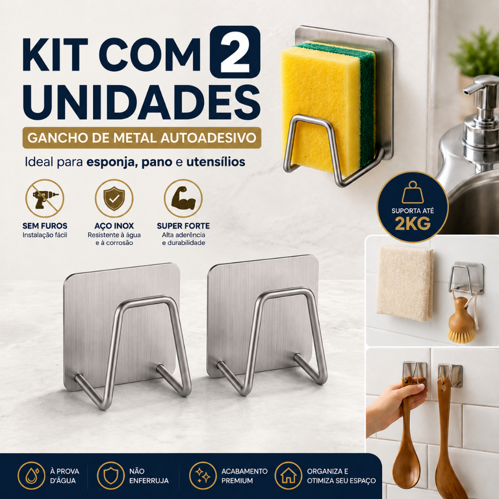 Ganchos de Aço Inoxidável com Adesivo Multifuncional Suporte Porta Esponja para Bucha de Pia  Parede