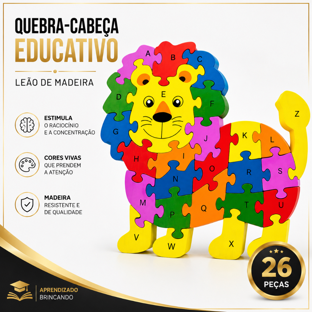 Quebra-cabeça de Leão de Madeira Infantil Educativo Montessori Com 26 Pçs Brinquedo Didático animal