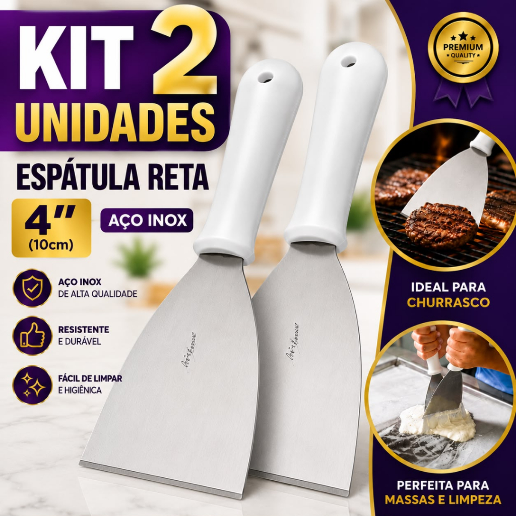 KIT 1 2 Espátula Reta 4 Pol Premium em Inox Profissional Hambúrguer Chapa Grill Cozinha Confeitaria Doce